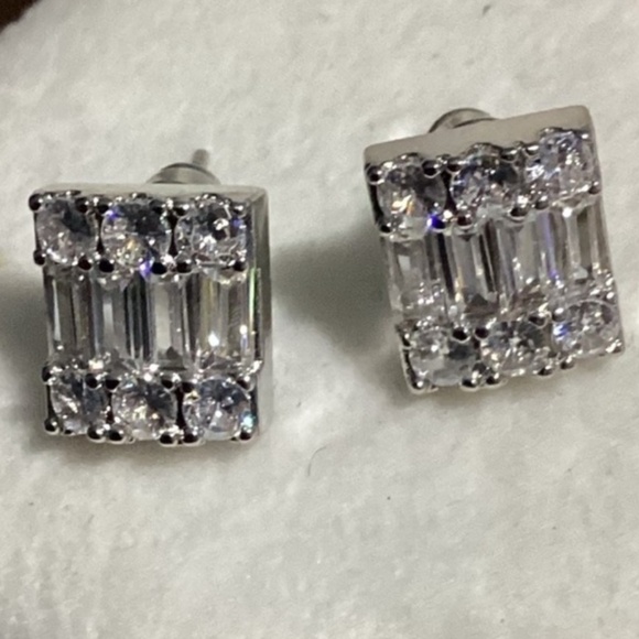 Luxurious Square Baguette & Round  cut Zircon Halo  Post back Earrings